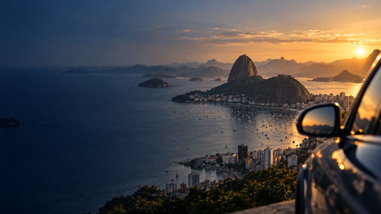 Baía de Guanabara e Pão de Açúcar ao entardecer, vistos do alto